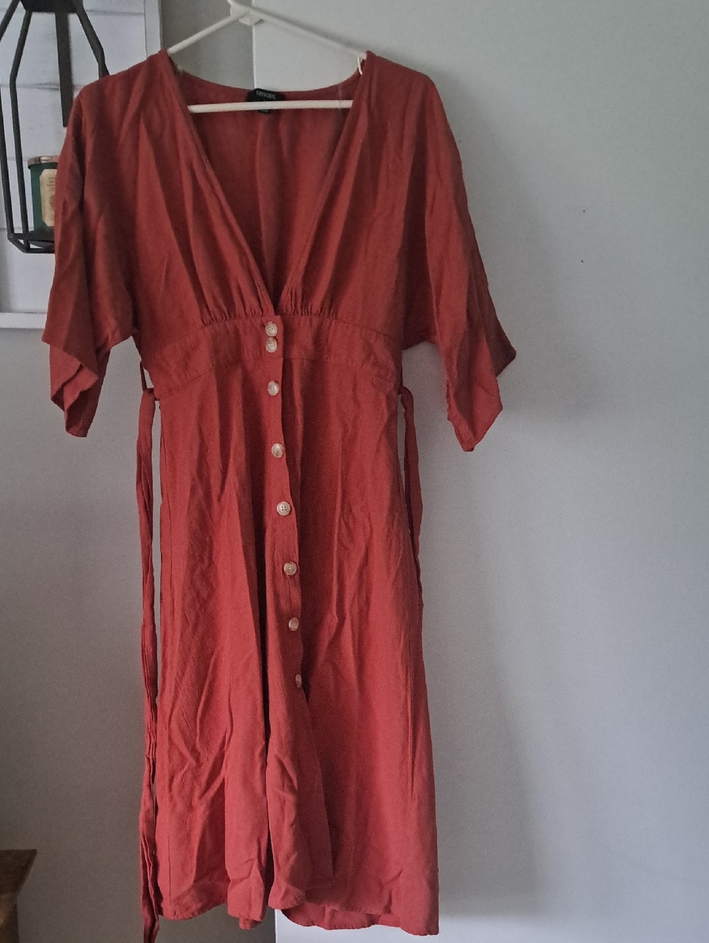 Tie-Waist Rust Midi Dress with Button Front